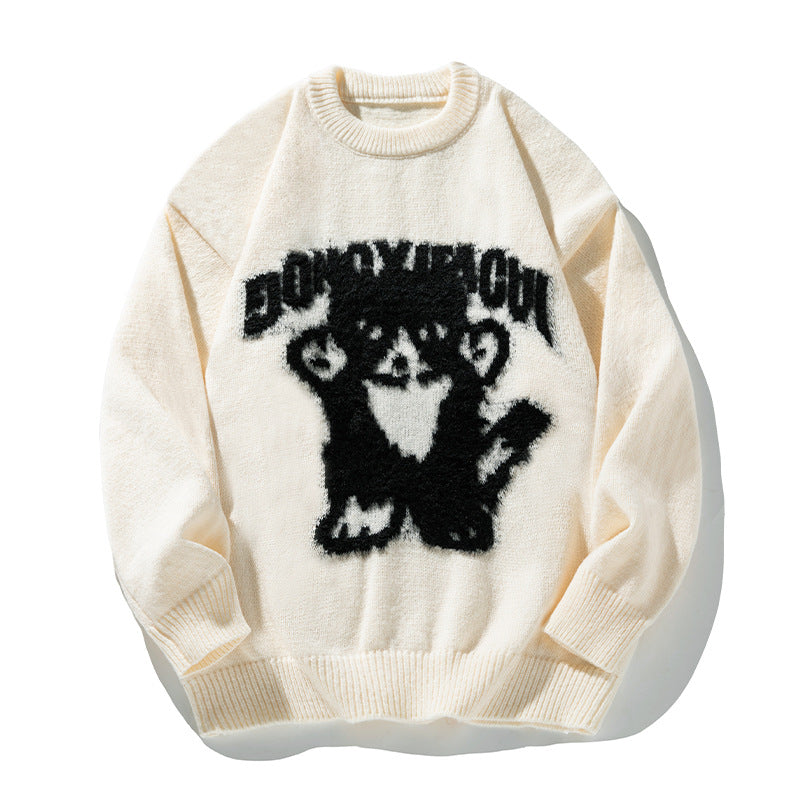 Unisex Oversize‑Strickpullover mit dreidimensionalem Flauschmotiv Katze und geripptem Saum Drune