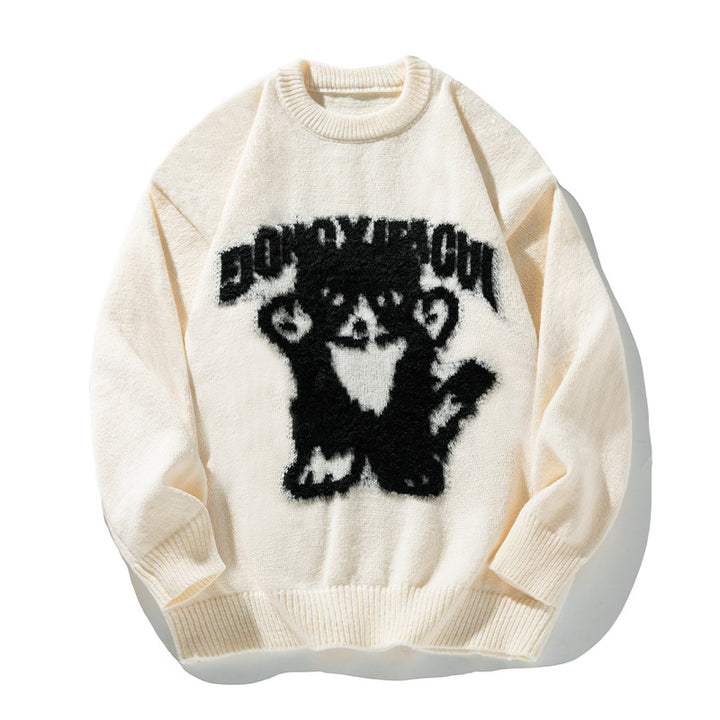 Unisex Oversize‑Strickpullover mit dreidimensionalem Flauschmotiv Katze und geripptem Saum Drune