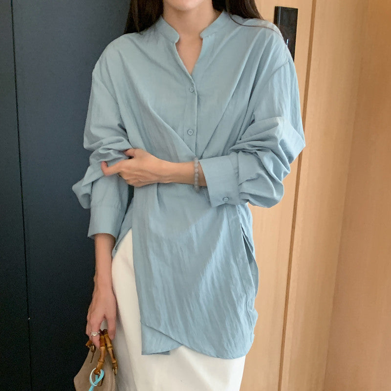 Damen Wickelbluse mit geraffter Taille und Ballonärmeln Drune