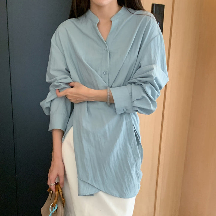 Damen Wickelbluse mit geraffter Taille und Ballonärmeln Drune