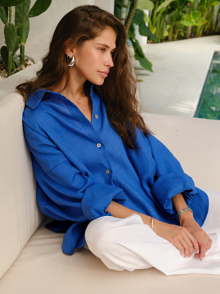 Damen luftige Leinenbluse mit stylischem Knotendetail und langen Ärmeln Drune