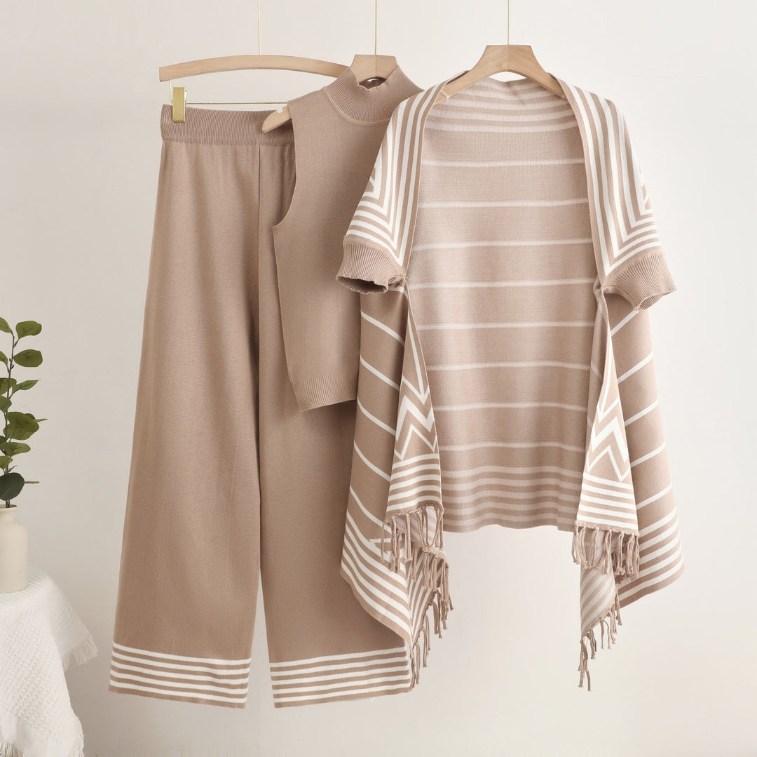 Damen elegantes Strick-Kombinationsset mit hochgeschlossenem Oberteil und weiten Hosen Drune