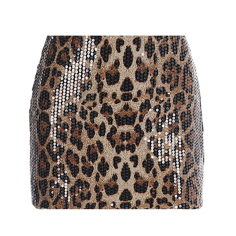 Damen Glitzernder Minirock mit Leopardenmuster und Paillettenbesatz Drune