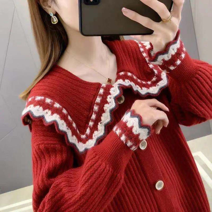 Damen Strickjacke mit dekorativem Kragen und großen Knöpfen Drune