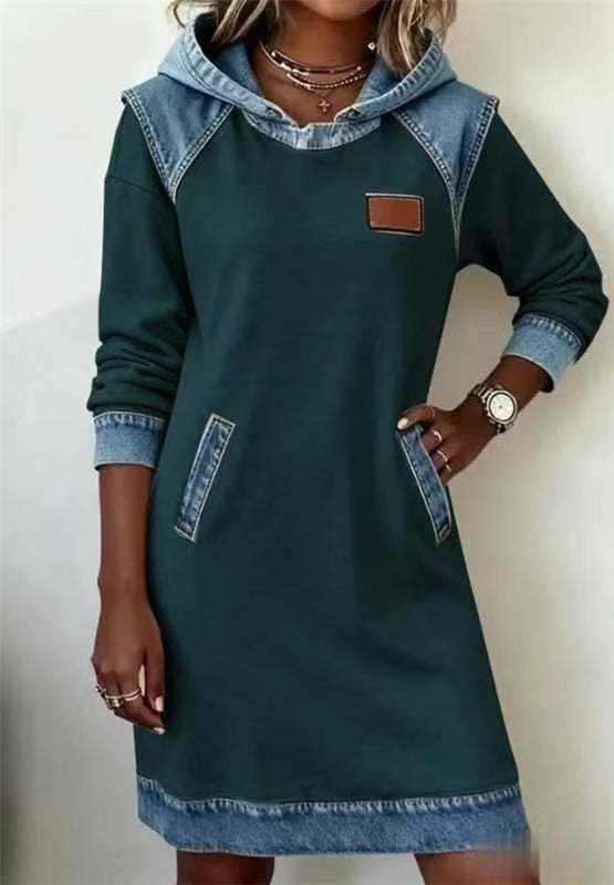 Damen nan Kapuzen-Sweatkleid mit Jeans-Applikationen, Kängurutaschen und lässigem Schnitt Drune