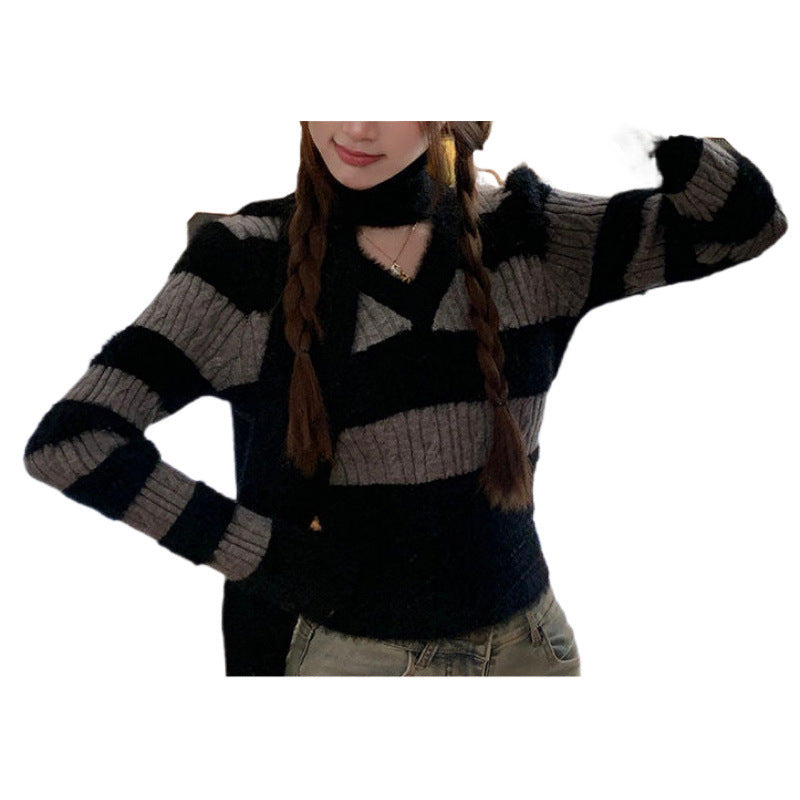 Damen weicher V-Pullover mit gestreiftem Design und dazugehörigem Schal Drune
