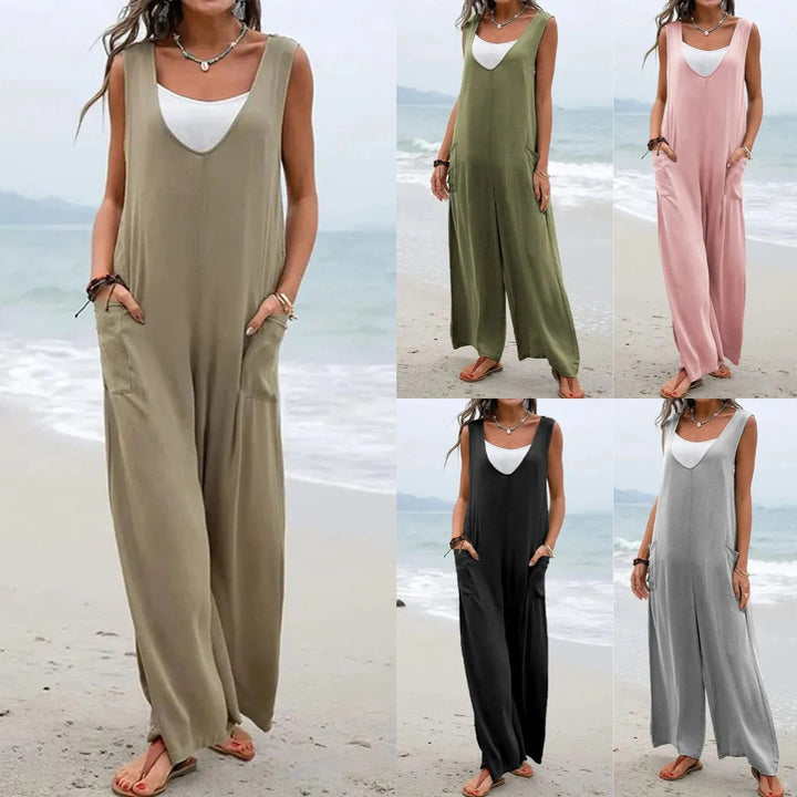 Damen lässiger Jumpsuit mit weit geschnittenem Bein und komfortablen Taschen Drune