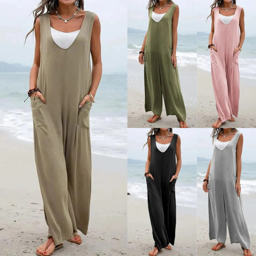 Damen lässiger Jumpsuit mit weit geschnittenem Bein und komfortablen Taschen Drune