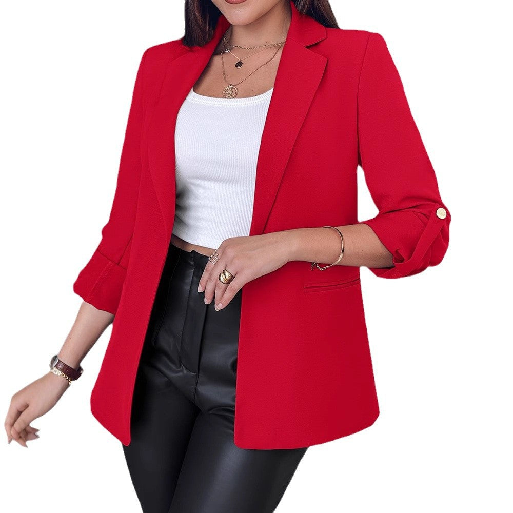 Damen Eleganter Blazer mit hochgeschlagenen Ärmeln und dekorativen Knopfdetails Drune