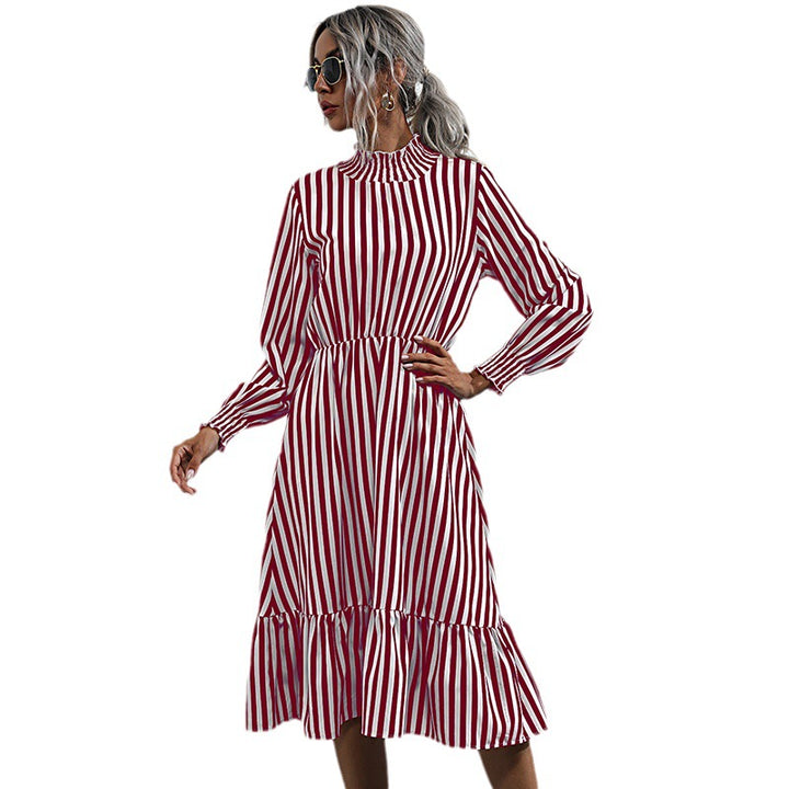 Damen Langärmeliges Streifenkleid mit Volant Drune