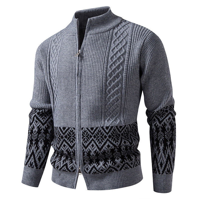 Herren Hochwertige Norweger-Zip-Strickjacke mit Zopfmuster und Stehkragen Drune