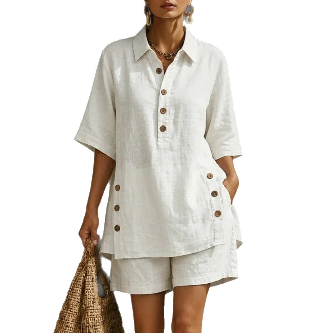 Damen nan luftiges Leinenoptik-Zweiteiler mit Oversize-Hemdbluse, Knopfleiste und Bermuda-Shorts Drune