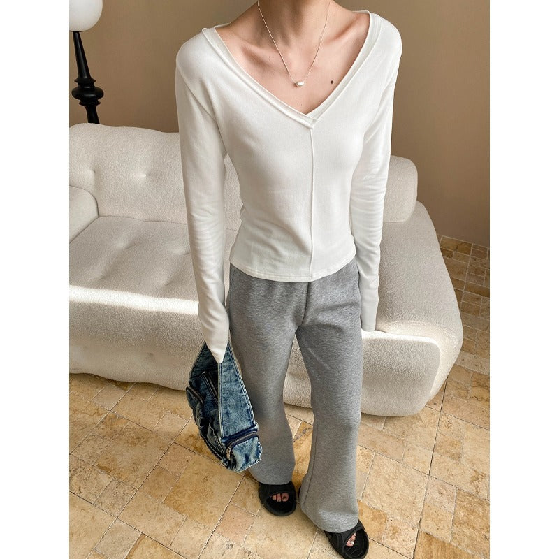 Damen elegantes Langarmshirt mit tiefem V-Ausschnitt und feiner Rippstruktur Drune