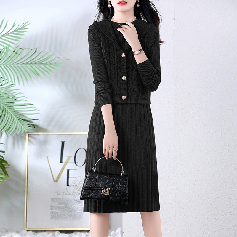 Damen elegantes Strickkleid mit großem Kragen und Knopfdetails Drune