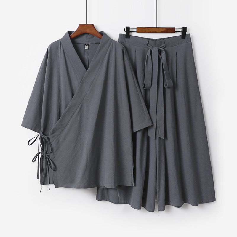 Damen Kimono-Loungewear-Set aus leichter Viskose mit Wickeloberteil und weitem Culotte-Hosenrock Drune