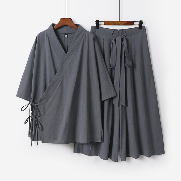 Damen Kimono-Loungewear-Set aus leichter Viskose mit Wickeloberteil und weitem Culotte-Hosenrock Drune