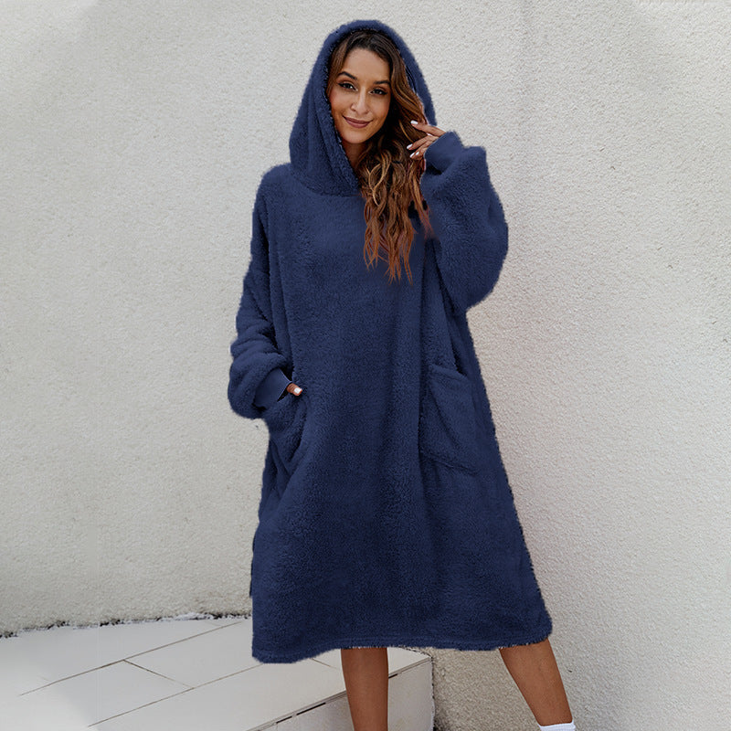 Damen gemütliches Fleece-Hoodie-Kleid mit praktischen Taschen und großer Kapuze Drune