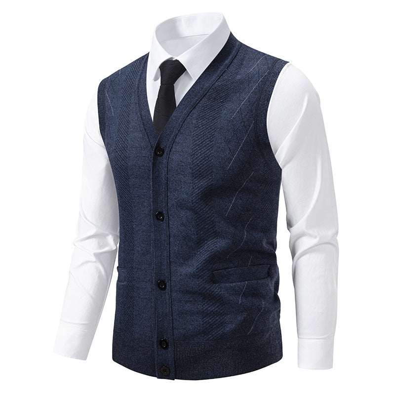 Herren Taillierte Feinstrick‑Weste mit V‑Ausschnitt, Knopfleiste und Eingrifftaschen Drune