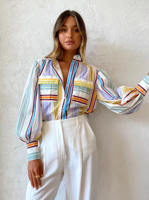 Damenbluse mit voluminösen Ärmeln und kreativen Farbdetails Drune