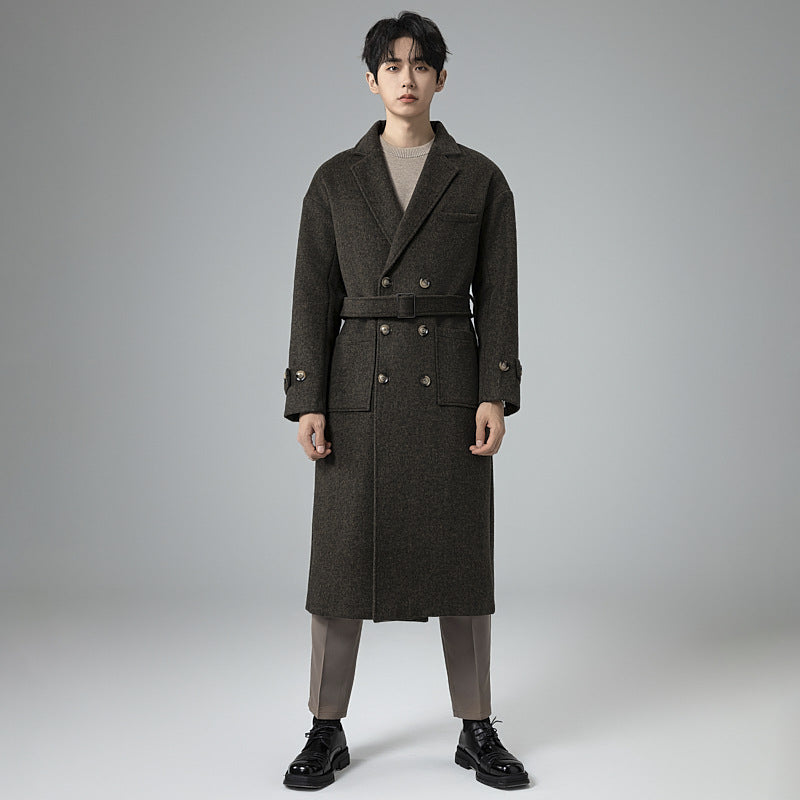 Herren Maxilanger Wollmix-Mantel im Tweed-Look mit Oversize-Schnitt, Doppelreihe und Bindegürtel Drune