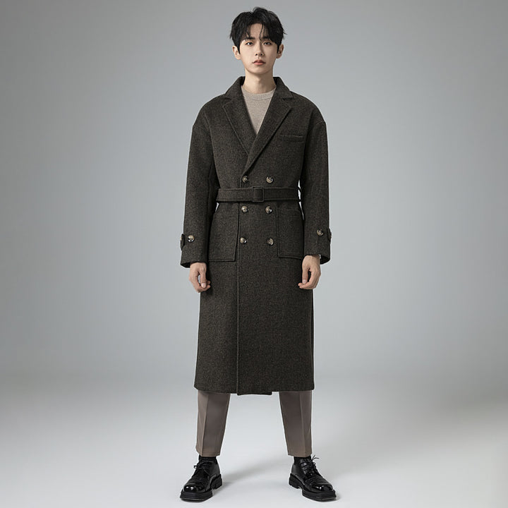 Herren Maxilanger Wollmix-Mantel im Tweed-Look mit Oversize-Schnitt, Doppelreihe und Bindegürtel Drune