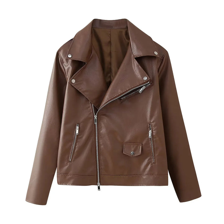 Damen nan taillierte Kunstleder-Bikerjacke mit asymmetrischem Reißverschluss, breitem Revers und Zier-Tasche Drune