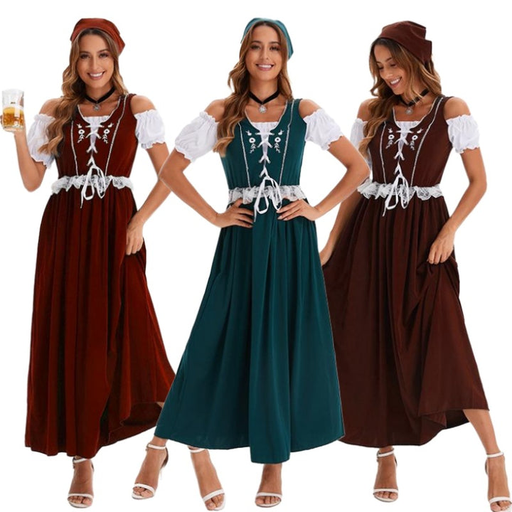 Damen nan langes Trachtenkleid im Dirndlstil mit Corsage-Schnürung und Spitzenbund Drune