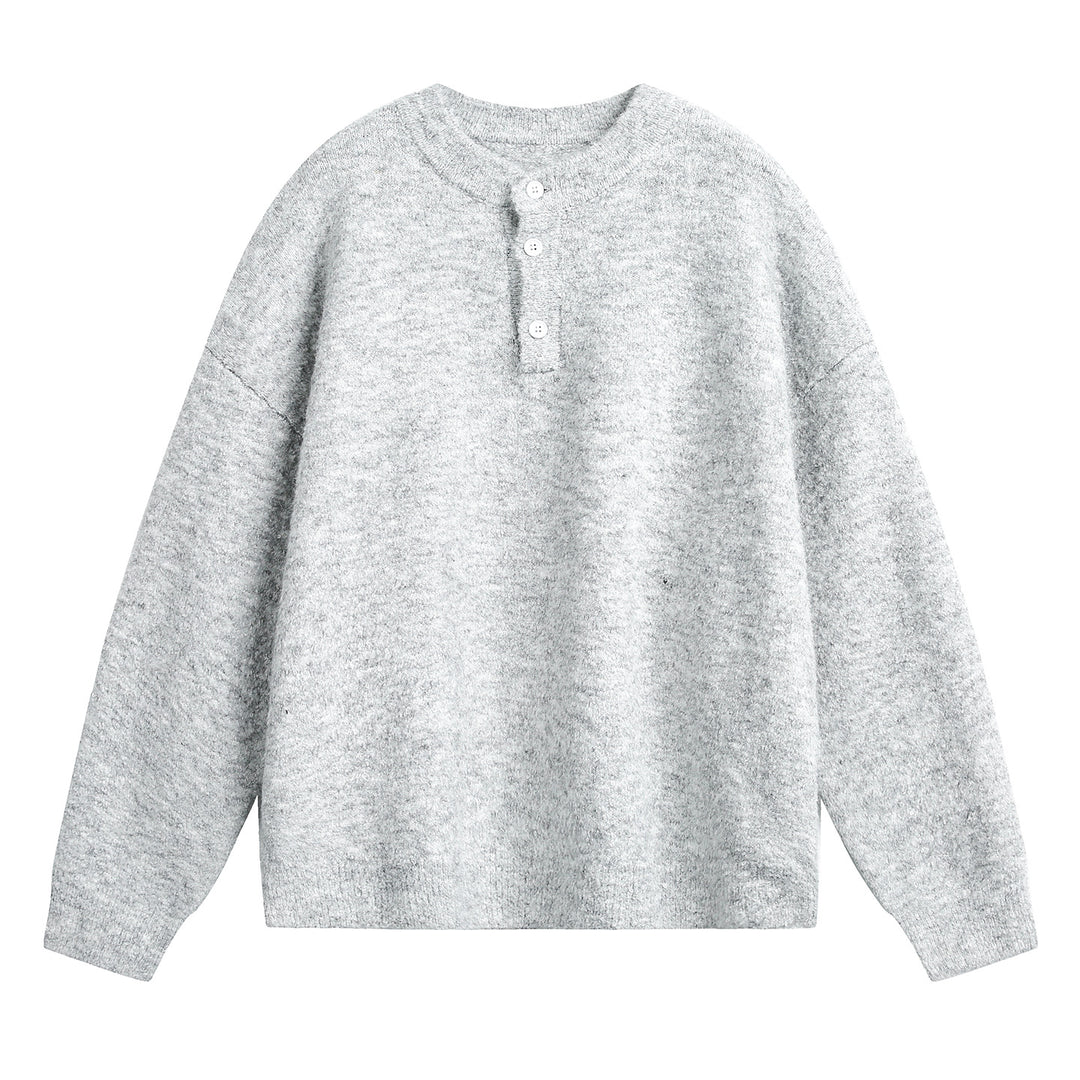 Unisex Grobgestrickter Henley-Pullover mit Rundhalsausschnitt und Knopfleiste Drune