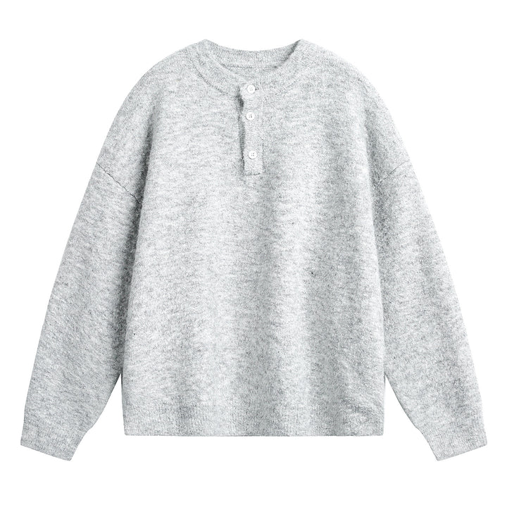 Unisex Grobgestrickter Henley-Pullover mit Rundhalsausschnitt und Knopfleiste Drune