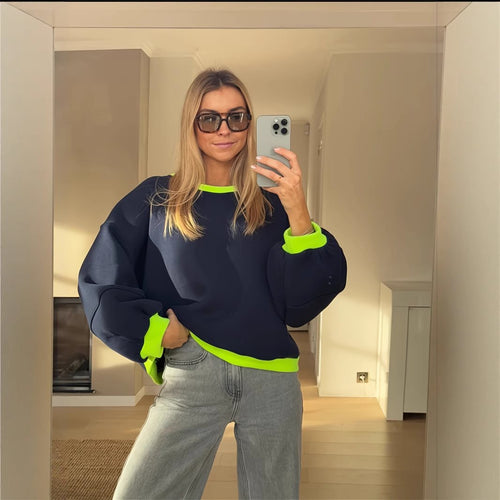 Damen lässiger Oversized-Sweater mit Kontrastdetails Drune