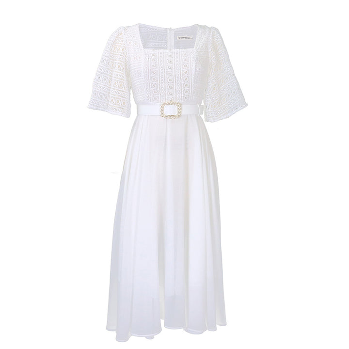 Damen Maxikleid mit dekorativem Spitzenoberteil und Taillengürtel Drune