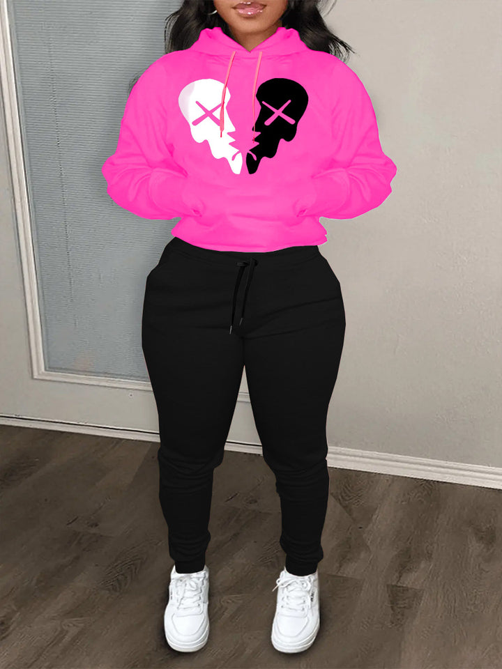 Damen Sportliches Hoodie- und Jogginghose-Set mit kreativem Skull-Motiv Drune