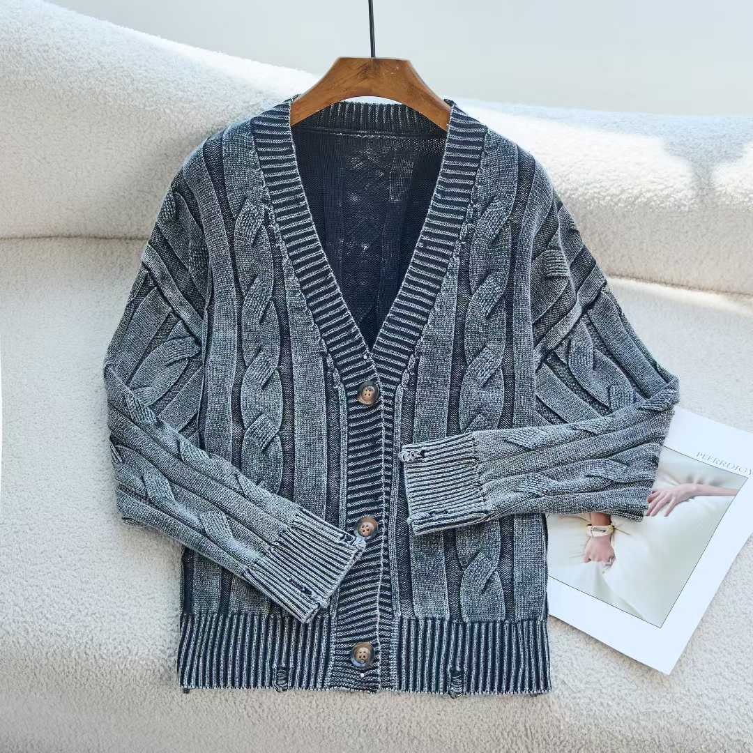 Damen lässiger Strickcardigan mit Zopfmuster und umgeschlagenen Ärmeln Drune