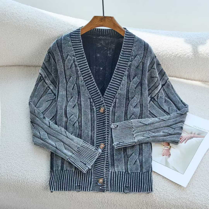 Damen Grobstrickjacke mit V-Ausschnitt und dekorativen Knöpfen Drune