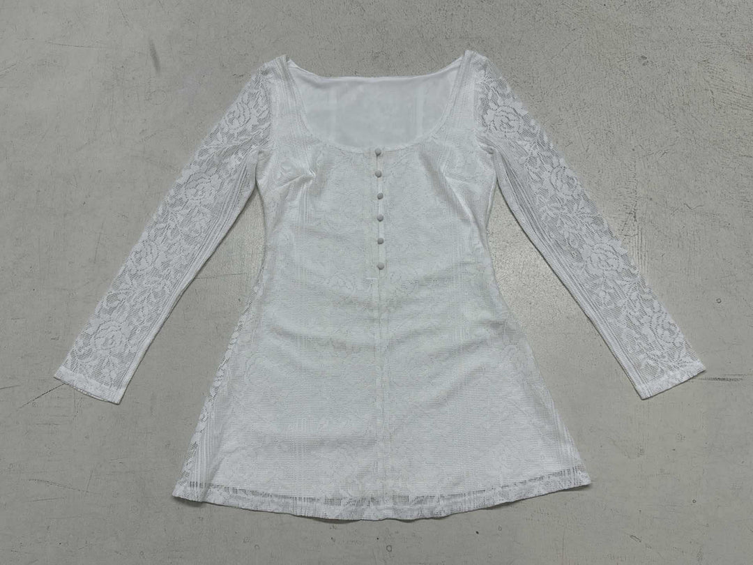 Damen elegantes Kleid mit Spitzenärmeln und Knopfdetails Drune