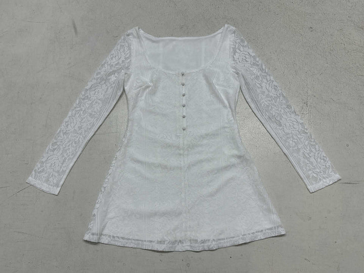 Damen elegantes Kleid mit Spitzenärmeln und Knopfdetails Drune