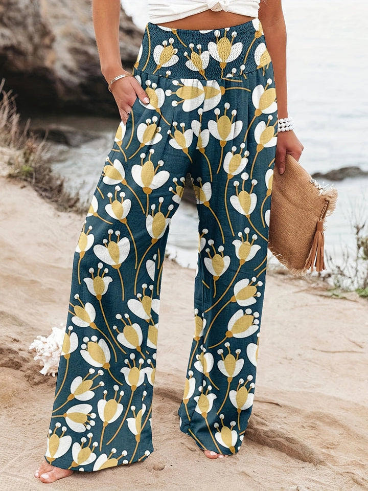 Damen Palazzo-Hosen mit floralem Druck und elastischem Bauchbund Drune