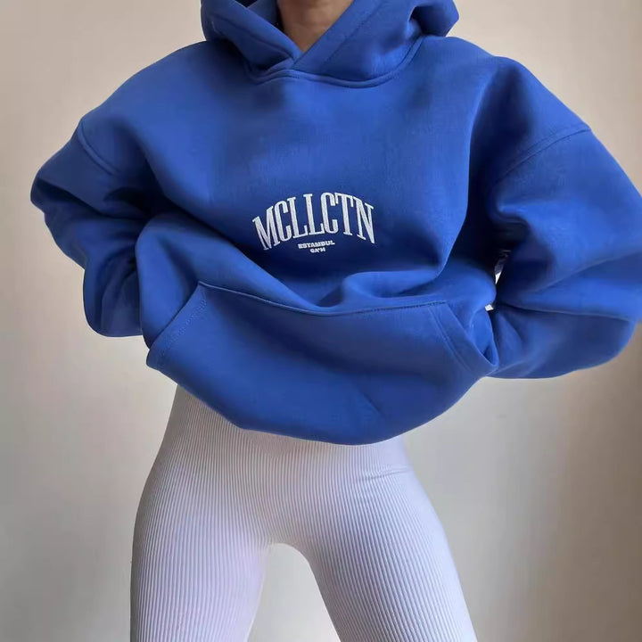 Damen Oversized Kapuzenpullover mit abstraktem Rückenprint und gerippten Bündchen Drune