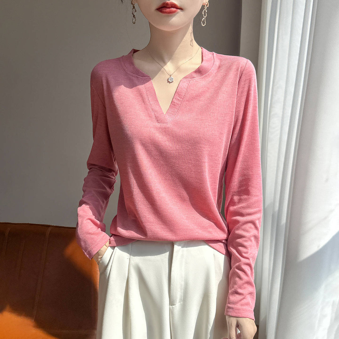 Damen Langärmliges Feinstrickshirt mit geschlitztem V-Kragen Drune