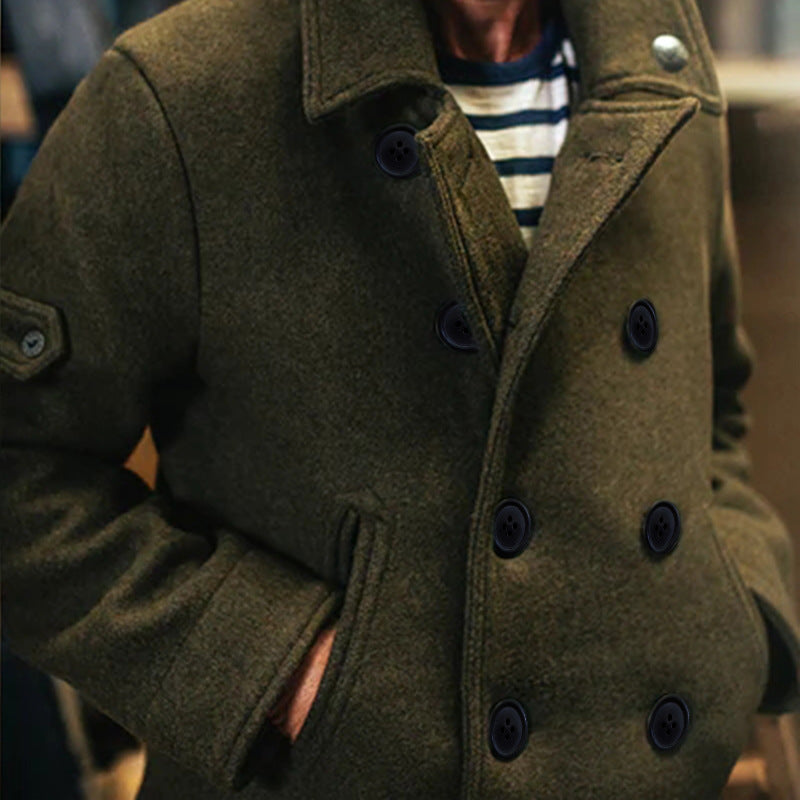 Herren Doppeltreihiger Wollmantel im Peacoat-Stil mit hohem Kragen Drune