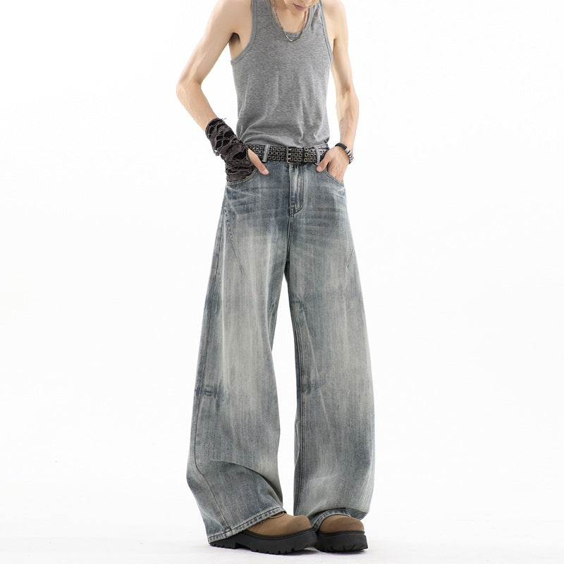 Herren Ultraweite Baggy-Jeans mit tiefem Schritt und strukturierter Faltenoptik Drune