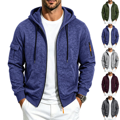 Herren Melierte Zip‑Hoodie‑Jacke mit Utility‑Ärmeltasche und Känguru‑Taschen Drune