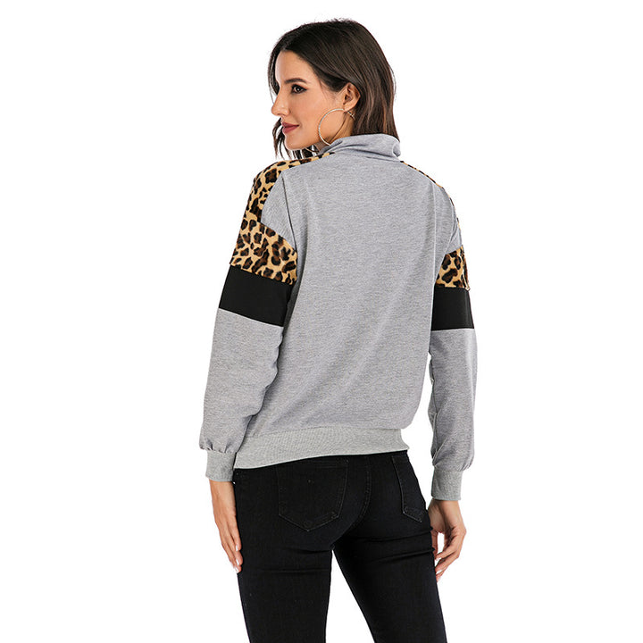 Damen Sweatshirt mit Stehkragen, halbem Reißverschluss & Leo-Detail Drune