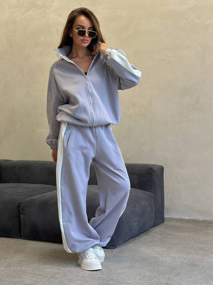 Damen Velours-Loungewear-Set mit Stehkragen, Zip-Jacke und weitem Palazzo-Hosenbein Drune
