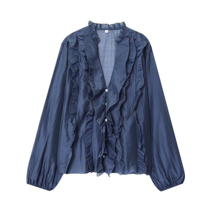Damen nan seidige Rüschenbluse mit Stehkragen, Volantfront und Ballonärmeln Drune