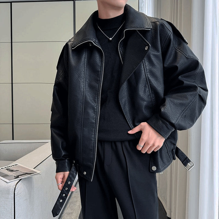 Herren Oversized Lederjacke mit weitem asymmetrischen Revers und Taillengürtel Drune