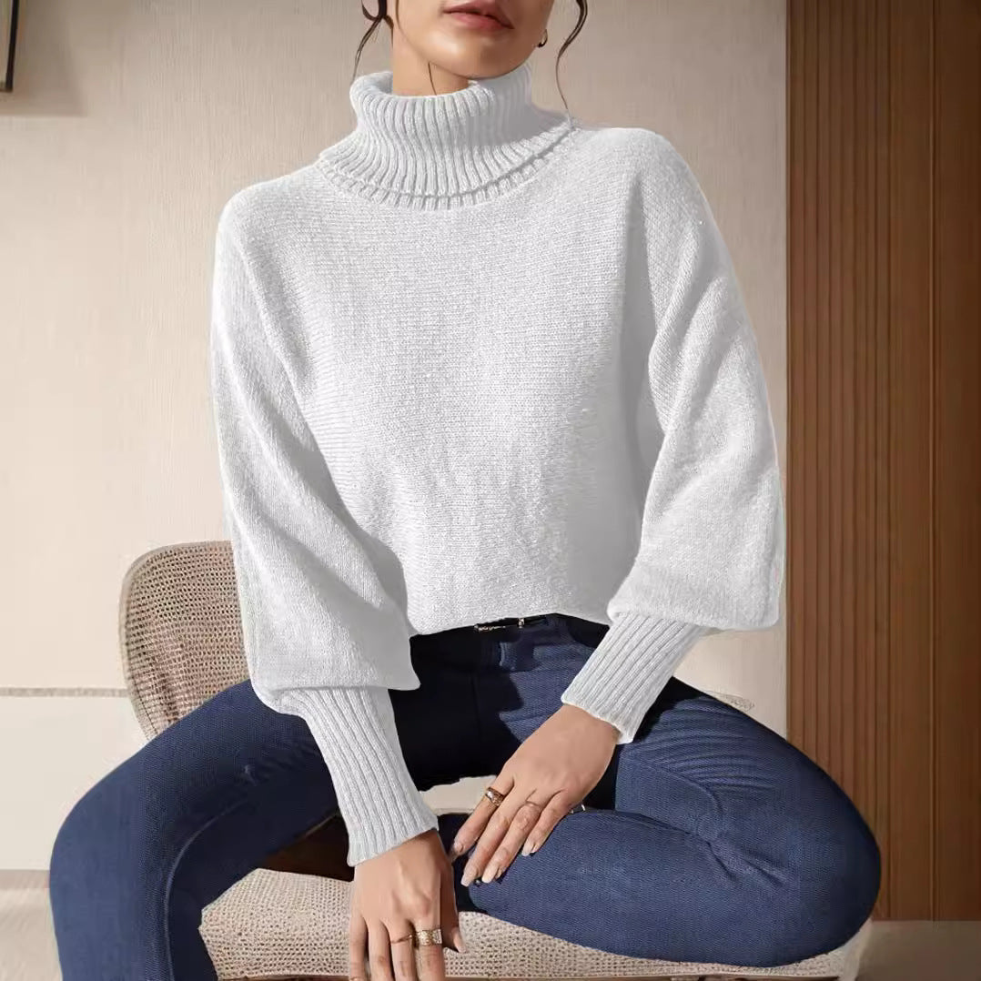 Damen lässiger Rollkragenpullover mit voluminösen Ärmeln und feinem Strickmuster Drune