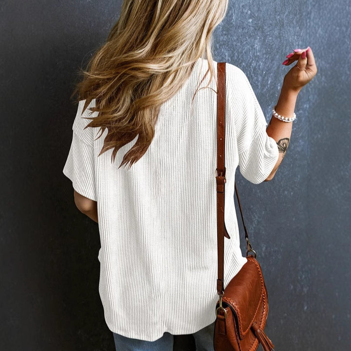 Damen lässiges Kurzarmshirt mit V-Ausschnitt und Brusttasche Drune