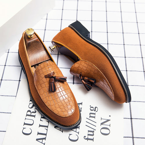 Herren eleganter Quasten-Loafer mit kroko-geprägtem Lederblatt und weichem Veloursaußenmaterial Drune
