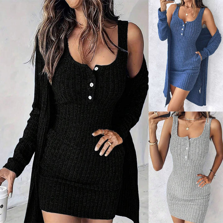 Damen Geripptes Twinset aus figurbetontem Träger-Strickkleid und Offenem Longcardigan Drune